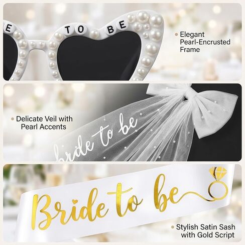 Bachelorette Outfits for Bride, Bride to Be Glasses, Bachelorette Party Accessories and Bridal Shower Decorations with Veil and Sash for Wedding Celebrations, Ideal for Bachelorette Party Decorations in Saudi Arabia