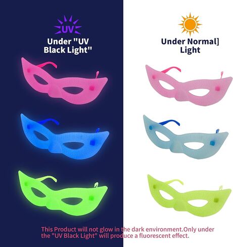 12 Pack UV Black Light Reactive Neon Masquerade Masks, Fluorescent Half Face Costume Mask, One Size Glow Party Favors for Halloween Mardi Gras Rave Birthday Night Club Carnival Supplies in Saudi Arabia