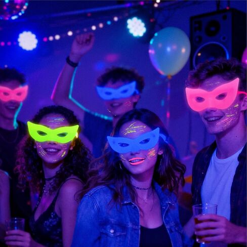 12 Pack UV Black Light Reactive Neon Masquerade Masks, Fluorescent Half Face Costume Mask, One Size Glow Party Favors for Halloween Mardi Gras Rave Birthday Night Club Carnival Supplies in Saudi Arabia