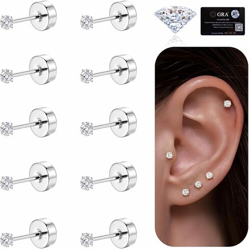 GEMQUEEN 5 Pairs Moissanite Earrings Studs Stainless Steel Flat Back Earring for Women Men - Hypoallergenic Set Cartilage Helix Piercing Jewelry Brilliant Round Cut D Color VVS1 2mm in Kuwait