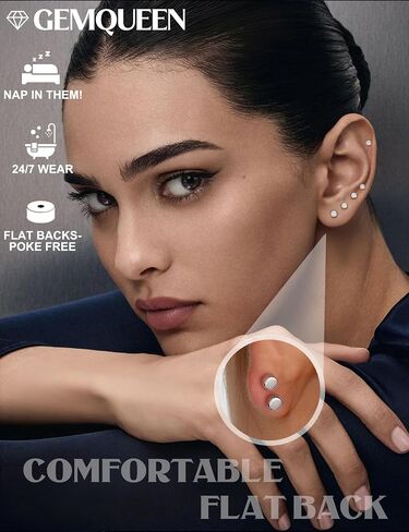 GEMQUEEN 5 Pairs Moissanite Earrings Studs Stainless Steel Flat Back Earring for Women Men - Hypoallergenic Set Cartilage Helix Piercing Jewelry Brilliant Round Cut D Color VVS1 2mm in Kuwait