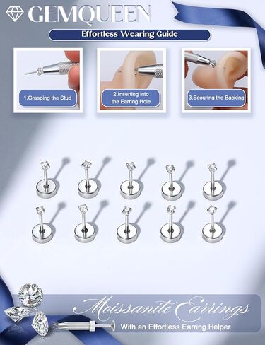 GEMQUEEN 5 Pairs Moissanite Earrings Studs Stainless Steel Flat Back Earring for Women Men - Hypoallergenic Set Cartilage Helix Piercing Jewelry Brilliant Round Cut D Color VVS1 2mm in Kuwait