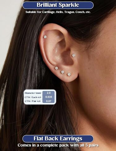 GEMQUEEN 5 Pairs Moissanite Earrings Studs Stainless Steel Flat Back Earring for Women Men - Hypoallergenic Set Cartilage Helix Piercing Jewelry Brilliant Round Cut D Color VVS1 2mm in Kuwait