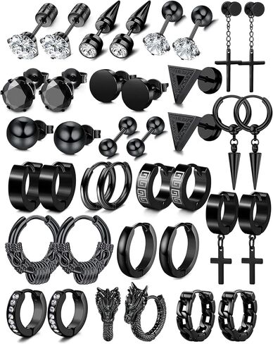 19 Pairs Earrings for Men Cross Hoop Dangle Earrings Stud Kit Stainless Steel Piercing Jewelry Mens Black Studs Earrings Set in Saudi Arabia