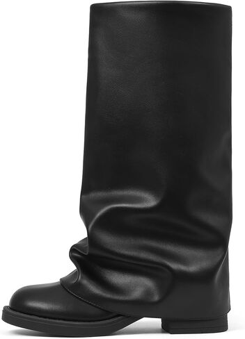 femflame Women's Fold Over Boots Slouchy Wide Calf Pleated Platform Black Boots Round Toe Chunky Stacked Riding Biker Boots Mid Calf Boots in Saudi Arabia