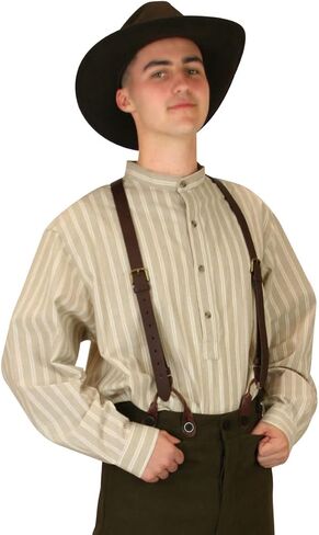 Historical Emporium Men's Band Collar Stiped Cotton Work Shirt, Victorian Edwardian Period Costume Reenactment in Saudi Arabia