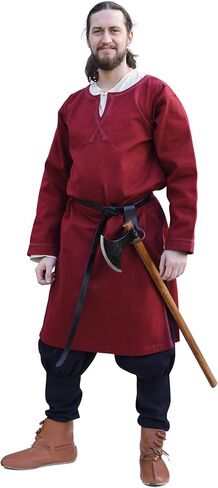 Battle-Merchant Albrecht Medieval Tunic for Men – Long Sleeve Viking LARP Shirt, Heavy Cotton Canvas, Dark Blue & Wine Red in Saudi Arabia