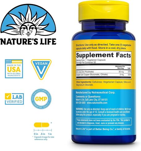 بيكولينات الزنك من Nature's Life 30 مجم بالإضافة إلى 2 مجم من النحاس - مكمل الزنك المخلب للمناعة والقلب والأوعية الدموية والجلد والوظيفة الخلوية ودعم العضلات - ضمان لمدة 60 يومًا - 50 وجبة، 50 كبسولة in Kuwait