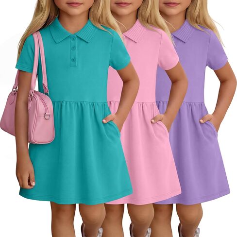 3 Pack Toddler Girls' Short Sleeve Polo Uniform Dress Summer Basic Knee Length Dresses with Side Pockets 18m-6t in Kuwait