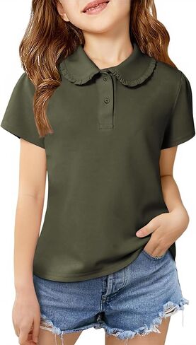 Girls Ruffle Peter Pan Collar Polo Shirt Kids School Uniform Tops Short Sleeve Tshirts in Saudi Arabia