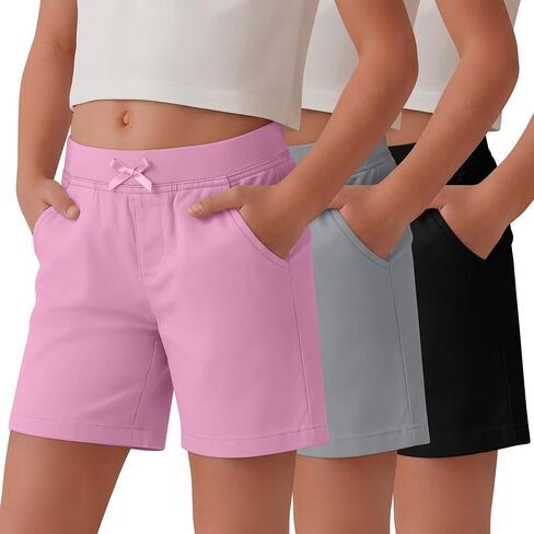 3 Pack Girls' School Uniform Shorts 5-14 Years Bow Elastic Waist Stretchy Pull-on Kids Summer Shorts with Pockets in Kuwait