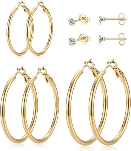5 Pairs Silver Gold Stud Hoop Earrings for Women, Hypoallergenic 14K Gold Plated Trendy Stud Hoop Earrings Set for Sensitive Ears, Lightweight Big Hoops Earring Stacks for Multiple Piercing Jewelry Gift in Saudi Arabia