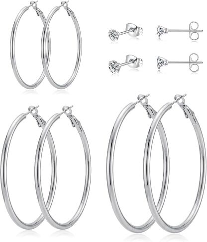 5 Pairs Silver Gold Stud Hoop Earrings for Women, Hypoallergenic 14K Gold Plated Trendy Stud Hoop Earrings Set for Sensitive Ears, Lightweight Big Hoops Earring Stacks for Multiple Piercing Jewelry Gift in Saudi Arabia