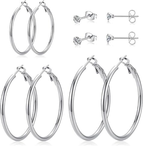5 Pairs Silver Gold Stud Hoop Earrings for Women, Hypoallergenic 14K Gold Plated Trendy Stud Hoop Earrings Set for Sensitive Ears, Lightweight Big Hoops Earring Stacks for Multiple Piercing Jewelry Gift in Saudi Arabia