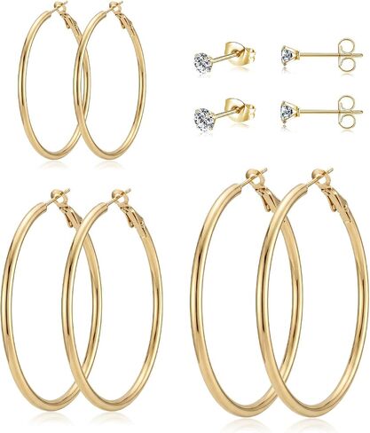 5 Pairs Silver Gold Stud Hoop Earrings for Women, Hypoallergenic 14K Gold Plated Trendy Stud Hoop Earrings Set for Sensitive Ears, Lightweight Big Hoops Earring Stacks for Multiple Piercing Jewelry Gift in Saudi Arabia