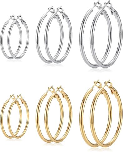 4/5/6 Pairs Gold Hoop Earrings for Women, Hypoallergenic Silver Gold Plated Stainless Steel Huggie Hoop Earrings Set Trendy Jewelry Gifts Lightweight 30/40/50/60/70MM in Saudi Arabia