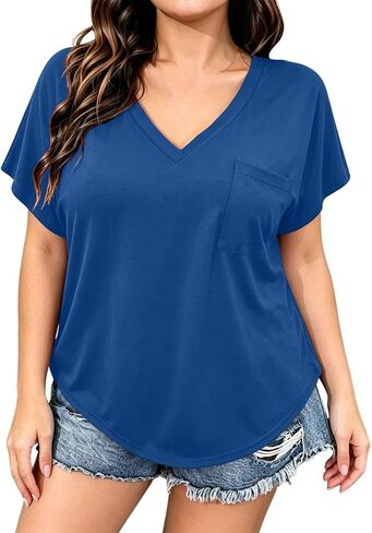 Oversized V Neck Tops for Fat Women 2026 Loose Summer T Shirts Short Sleeve Casual Blouses Plus Size Tee Top in Kuwait