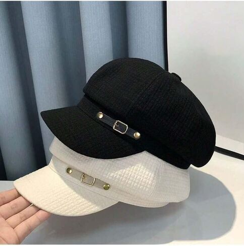 2PS Newsboy Hats for Women Classic Vintage Beret Hat with Adjustable Strap Warm Stylish Sunshade Hat for Fall Winter Outdoor Casual Wear(Black/White) in Kuwait