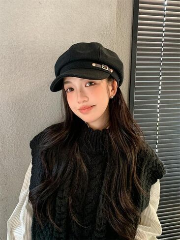 2PS Newsboy Hats for Women Classic Vintage Beret Hat with Adjustable Strap Warm Stylish Sunshade Hat for Fall Winter Outdoor Casual Wear(Black/White) in Kuwait