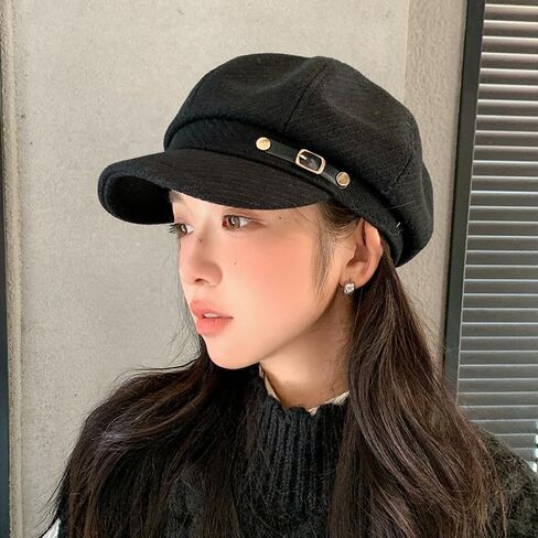 2PS Newsboy Hats for Women Classic Vintage Beret Hat with Adjustable Strap Warm Stylish Sunshade Hat for Fall Winter Outdoor Casual Wear(Black/White) in Kuwait