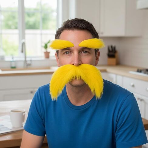 Yellow Lorax Mustache and Eyebrows, Self Adhesive Fake Facial Hair for Dr Seuss Costume, Funny Cosplay Accessories for Halloween Book Character Day Party in Saudi Arabia