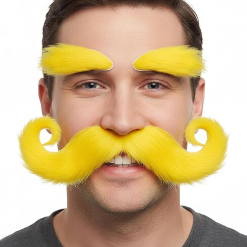 Yellow Lorax Mustache and Eyebrows, Self Adhesive Fake Facial Hair for Dr Seuss Costume, Funny Cosplay Accessories for Halloween Book Character Day Party in Saudi Arabia