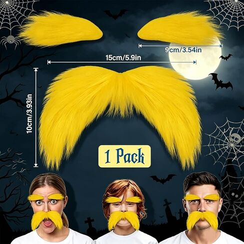Yellow Lorax Mustache and Eyebrows, Self Adhesive Fake Facial Hair for Dr Seuss Costume, Funny Cosplay Accessories for Halloween Book Character Day Party in Saudi Arabia