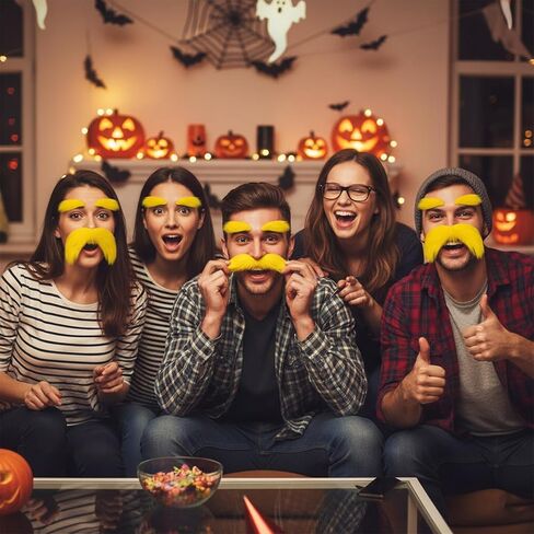 Yellow Lorax Mustache and Eyebrows, Self Adhesive Fake Facial Hair for Dr Seuss Costume, Funny Cosplay Accessories for Halloween Book Character Day Party in Saudi Arabia