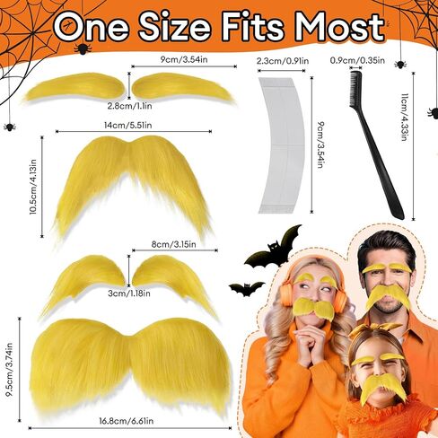 2 PCS Yellow Mustache and Eyebrows Set with Spare Tape and Comb, Self Adhesive Fake Beard and Facial Hair for Adults, Funny Halloween Cosplay Costume Accessories,Party Favors Dress Up Props in Saudi Arabia