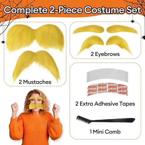 2 PCS Yellow Mustache and Eyebrows Set with Spare Tape and Comb, Self Adhesive Fake Beard and Facial Hair for Adults, Funny Halloween Cosplay Costume Accessories,Party Favors Dress Up Props in Saudi Arabia