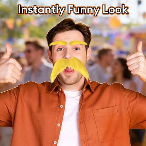 2 PCS Yellow Mustache and Eyebrows Set with Spare Tape and Comb, Self Adhesive Fake Beard and Facial Hair for Adults, Funny Halloween Cosplay Costume Accessories,Party Favors Dress Up Props in Saudi Arabia