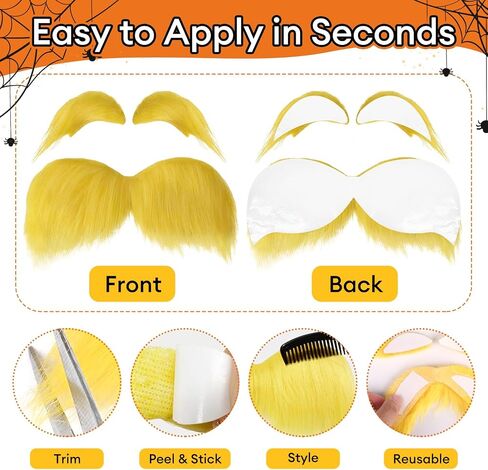 2 PCS Yellow Mustache and Eyebrows Set with Spare Tape and Comb, Self Adhesive Fake Beard and Facial Hair for Adults, Funny Halloween Cosplay Costume Accessories,Party Favors Dress Up Props in Saudi Arabia