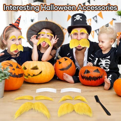 2 PCS Yellow Mustache and Eyebrows Set with Spare Tape and Comb, Self Adhesive Fake Beard and Facial Hair for Adults, Funny Halloween Cosplay Costume Accessories,Party Favors Dress Up Props in Saudi Arabia