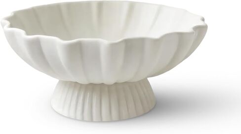 White Pedestal Fruit Bowl for Kitchen Counter, 9-Inch Ceramic Centerpiece Bowl with Fluted Texture, Modern Farmhouse Coffee Table Decor for Dining Table,Entryway Key Bowl, HouseWarming Gift in Saudi Arabia