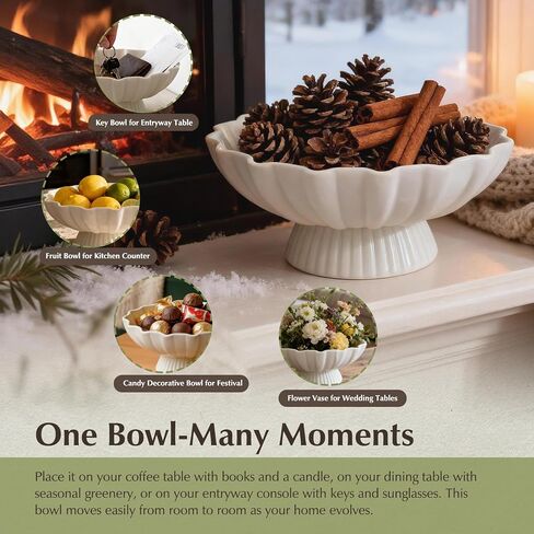 White Pedestal Fruit Bowl for Kitchen Counter, 9-Inch Ceramic Centerpiece Bowl with Fluted Texture, Modern Farmhouse Coffee Table Decor for Dining Table,Entryway Key Bowl, HouseWarming Gift in Saudi Arabia