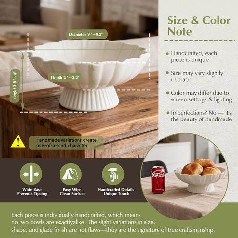 White Pedestal Fruit Bowl for Kitchen Counter, 9-Inch Ceramic Centerpiece Bowl with Fluted Texture, Modern Farmhouse Coffee Table Decor for Dining Table,Entryway Key Bowl, HouseWarming Gift in Saudi Arabia