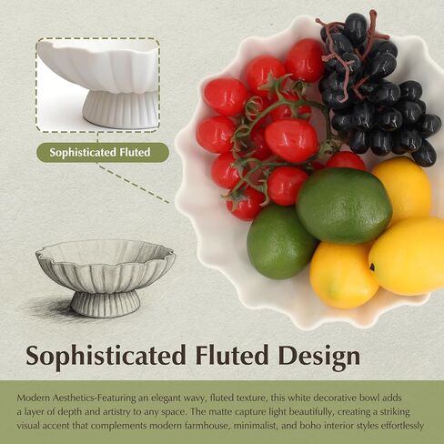 White Pedestal Fruit Bowl for Kitchen Counter, 9-Inch Ceramic Centerpiece Bowl with Fluted Texture, Modern Farmhouse Coffee Table Decor for Dining Table,Entryway Key Bowl, HouseWarming Gift in Saudi Arabia