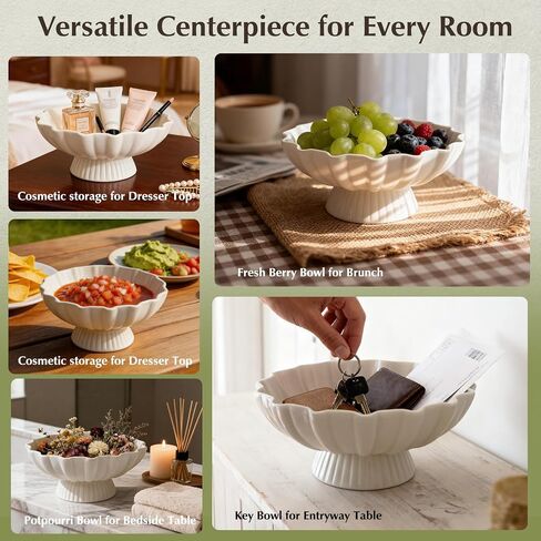 White Pedestal Fruit Bowl for Kitchen Counter, 9-Inch Ceramic Centerpiece Bowl with Fluted Texture, Modern Farmhouse Coffee Table Decor for Dining Table,Entryway Key Bowl, HouseWarming Gift in Saudi Arabia