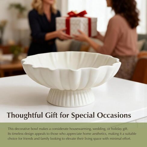 White Pedestal Fruit Bowl for Kitchen Counter, 9-Inch Ceramic Centerpiece Bowl with Fluted Texture, Modern Farmhouse Coffee Table Decor for Dining Table,Entryway Key Bowl, HouseWarming Gift in Saudi Arabia