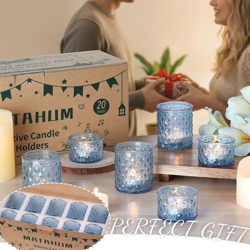 MATAHUM 20 Pcs Blue Tealight Candle Holders,Glass Votive Candle Holders Bulk, 2 Sizes for Wedding Centerpieces, Beach Theme Bridal Shower, Baby Boy Shower, and Birthday Party Decor in Saudi Arabia