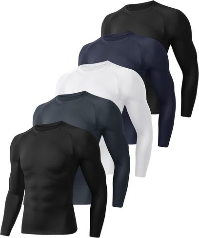 5 Pack Long Sleeve Compression Shirts for Men - Black Quick Dry Workout Base Layer Undershirt Top for Athletic Gym Running in Kuwait