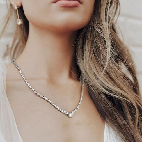 Gradual Moissanite Tennis Chain Necklace: 925 Sterling Silver VVS1 D Color 14k White Gold Plated V Shape Link Moissanite Necklace Dainty Lab Diamond Wedding Jewelry Gifts for Women Lady in Saudi Arabia
