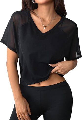 Remidoo Women's Mesh Workout Top Short Sleeve Crop Tops Loose Fit Tee See Through Gym Shirts in Kuwait