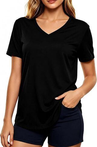 LETSEE Short Sleeve V-Neck Top Women’s Workout Shirt Loose Fit Stretch T-Shirt Casual Tee for Daily Wear and Travel in Saudi Arabia