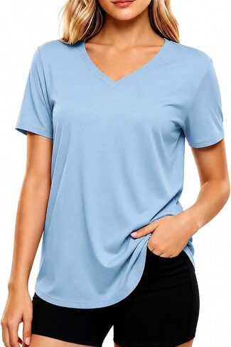 LETSEE Short Sleeve V-Neck Top Women’s Workout Shirt Loose Fit Stretch T-Shirt Casual Tee for Daily Wear and Travel in Saudi Arabia