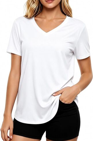 LETSEE Short Sleeve V-Neck Top Women’s Workout Shirt Loose Fit Stretch T-Shirt Casual Tee for Daily Wear and Travel in Saudi Arabia