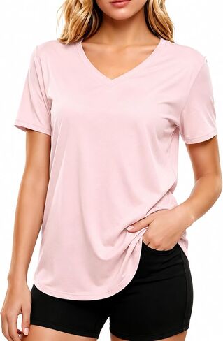 LETSEE Short Sleeve V-Neck Top Women’s Workout Shirt Loose Fit Stretch T-Shirt Casual Tee for Daily Wear and Travel in Saudi Arabia