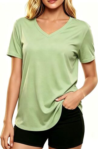 LETSEE Short Sleeve V-Neck Top Women’s Workout Shirt Loose Fit Stretch T-Shirt Casual Tee for Daily Wear and Travel in Saudi Arabia