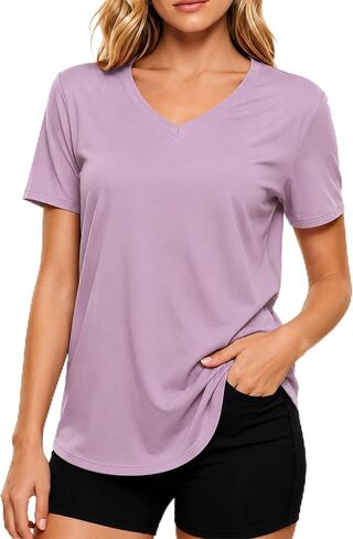 LETSEE Short Sleeve V-Neck Top Women’s Workout Shirt Loose Fit Stretch T-Shirt Casual Tee for Daily Wear and Travel in Saudi Arabia
