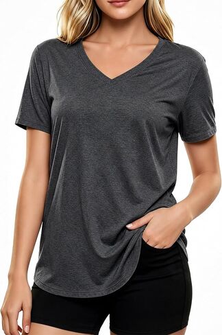 LETSEE Short Sleeve V-Neck Top Women’s Workout Shirt Loose Fit Stretch T-Shirt Casual Tee for Daily Wear and Travel in Saudi Arabia